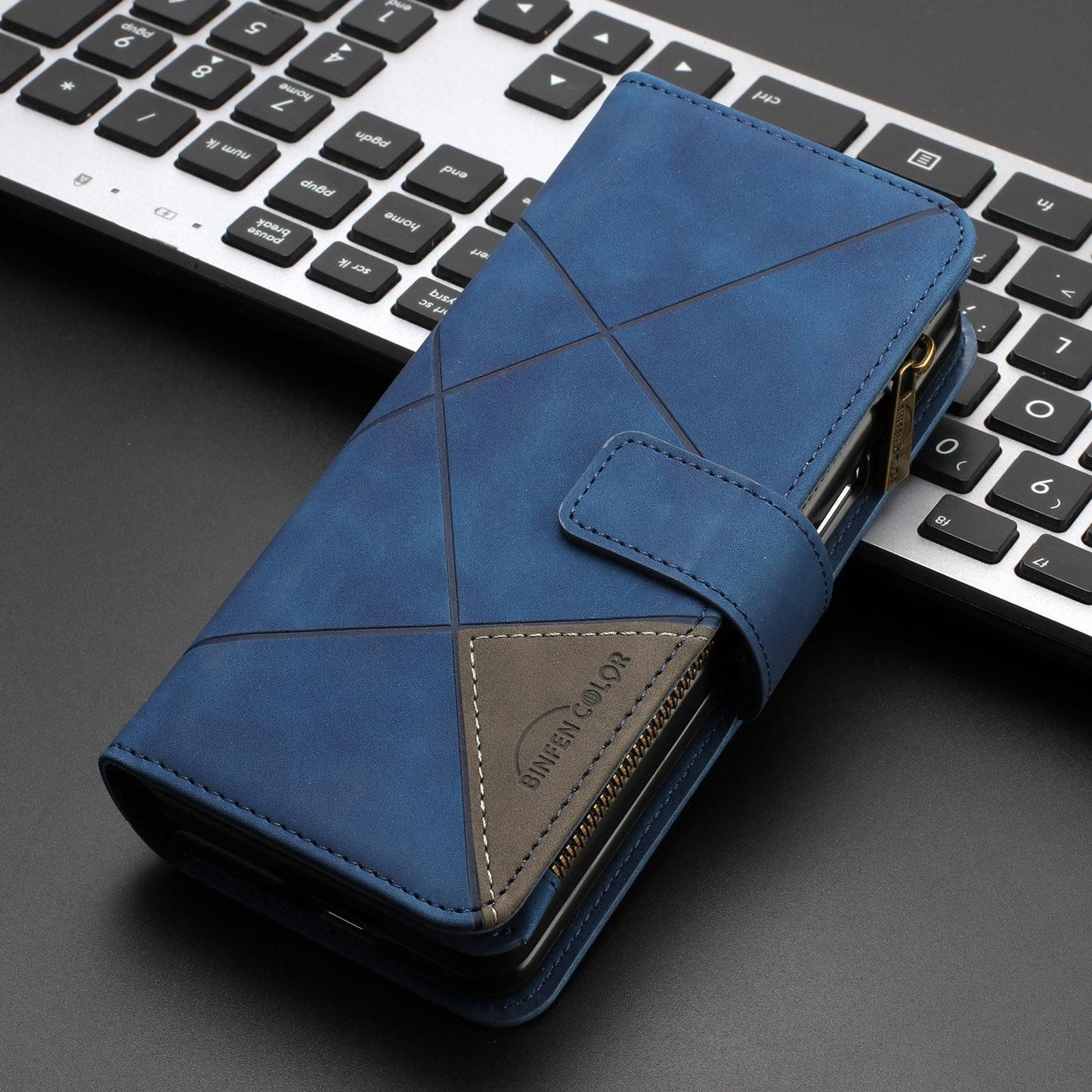 Samsung Galaxy Z Fold4 5G Leather Zip Wallet Case – Rhombus Texture, Card Holder, Magnetic Closure – Blue