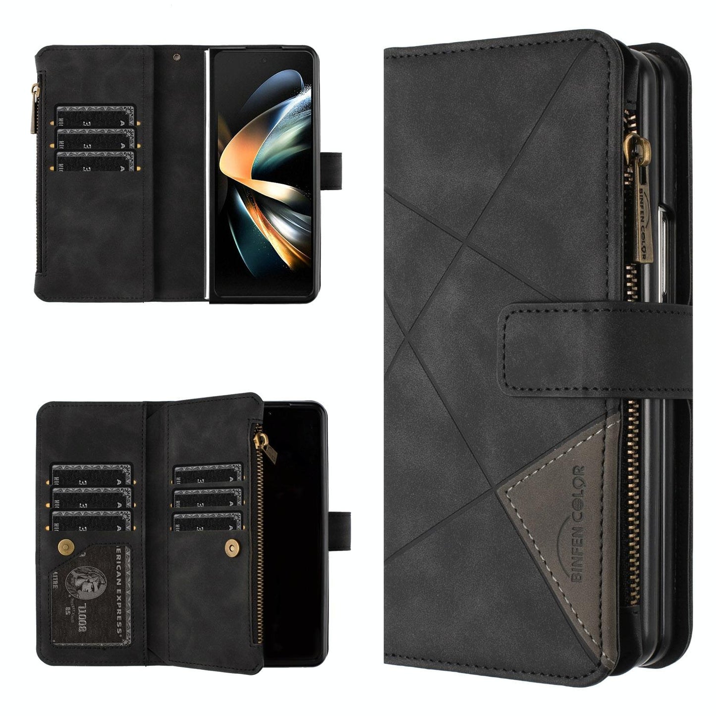 Samsung Galaxy Z Fold4 5G Leather Zip Wallet Case – Rhombus Texture, Card Holder, Magnetic Closure – Blue