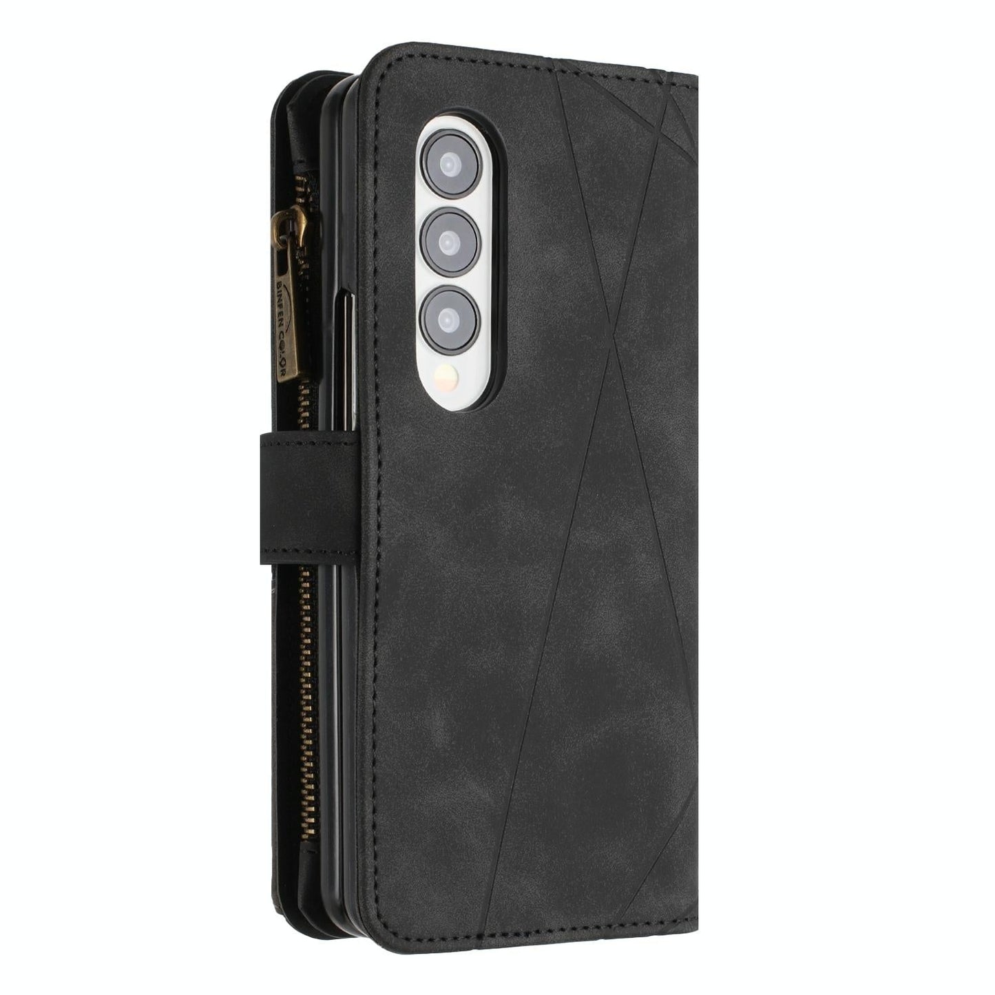 Samsung Galaxy Z Fold4 5G Leather Zip Wallet Case – Rhombus Texture, Card Holder, Magnetic Closure – Blue