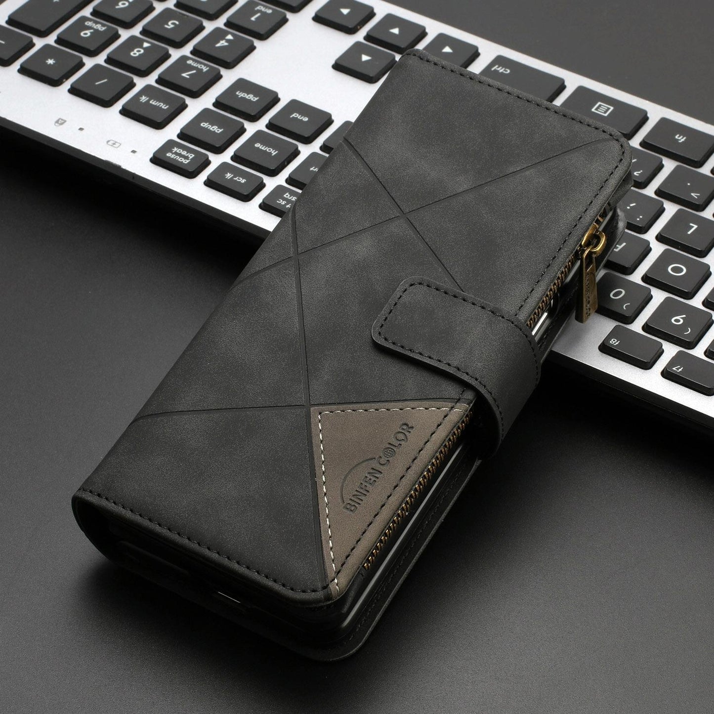 Samsung Galaxy Z Fold4 5G Leather Zip Wallet Case – Rhombus Texture, Card Holder, Magnetic Closure – Blue