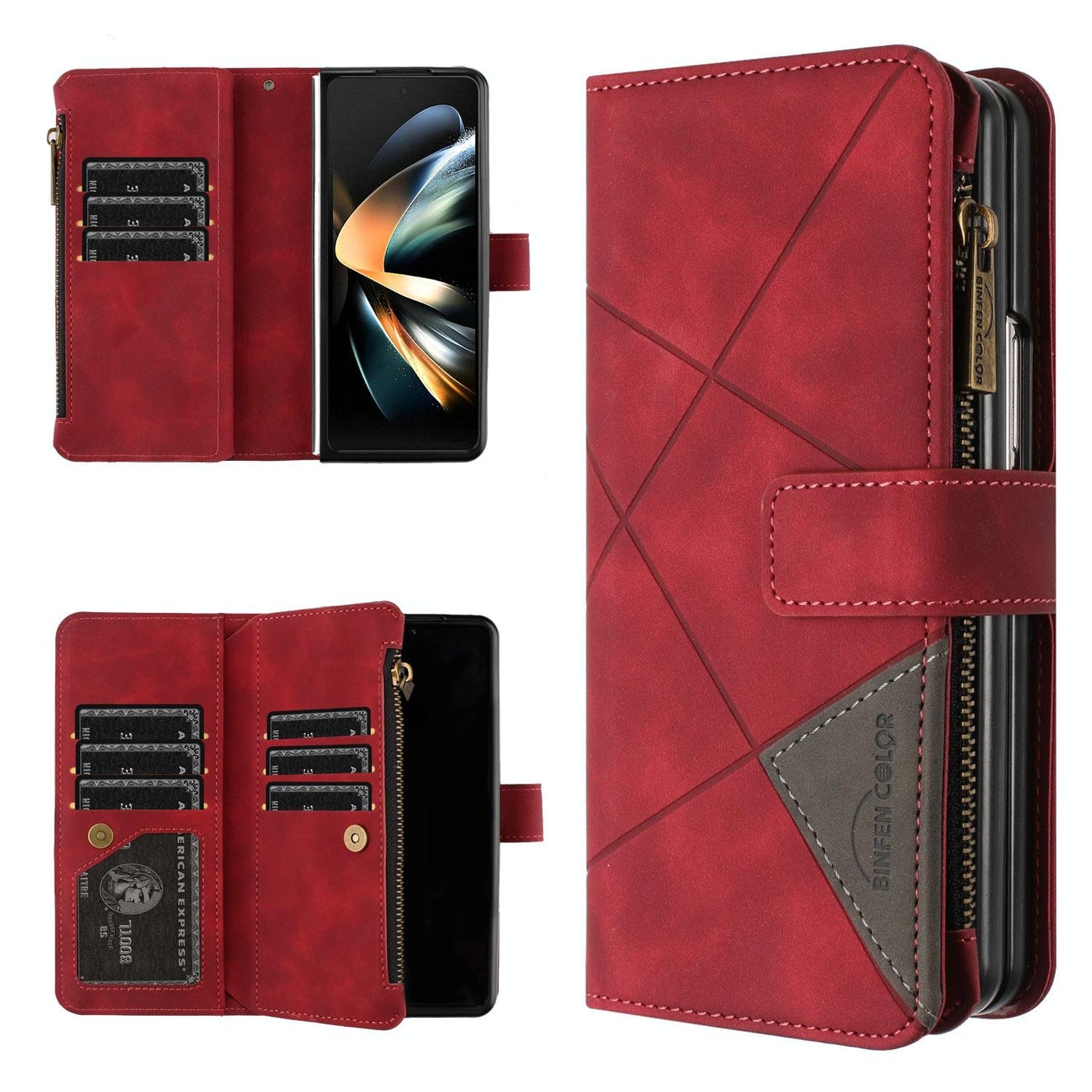 Samsung Galaxy Z Fold4 5G Leather Zip Wallet Case – Rhombus Texture, Card Holder, Magnetic Closure – Blue