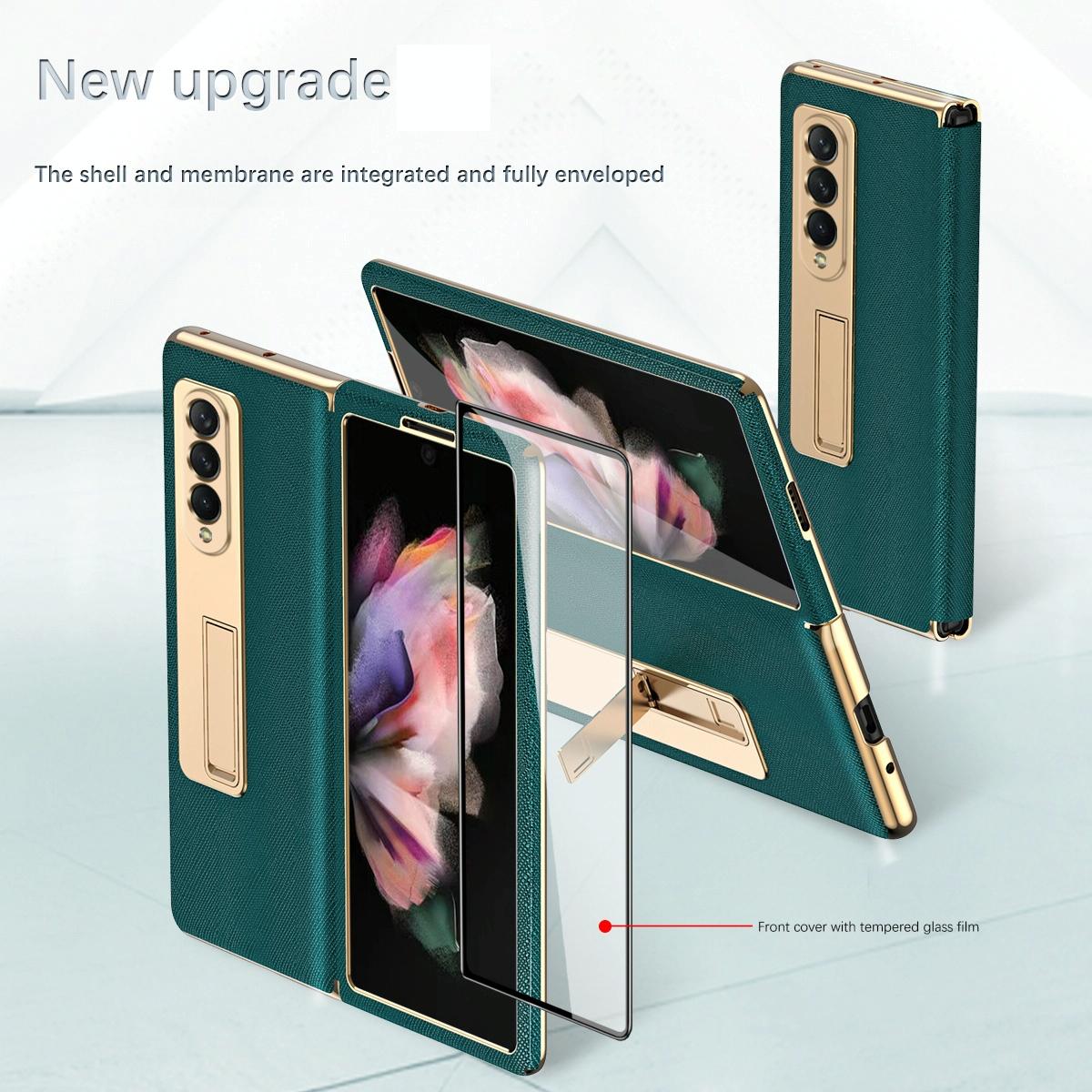 Flip Case with Tempered Film for Samsung Galaxy Z Fold4 5G – Textured Hinge Design – Cyan