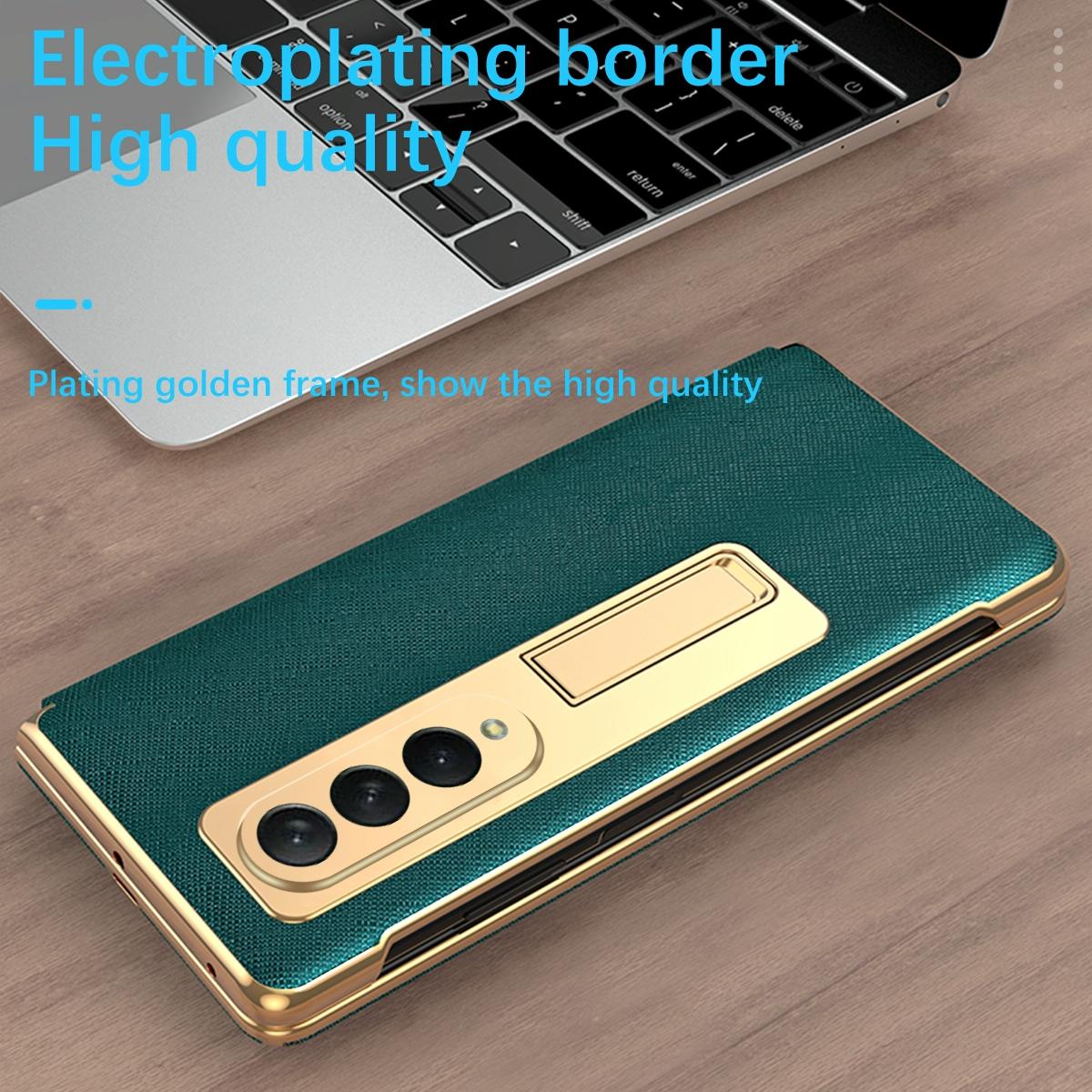 Flip Case with Tempered Film for Samsung Galaxy Z Fold4 5G – Textured Hinge Design – Cyan
