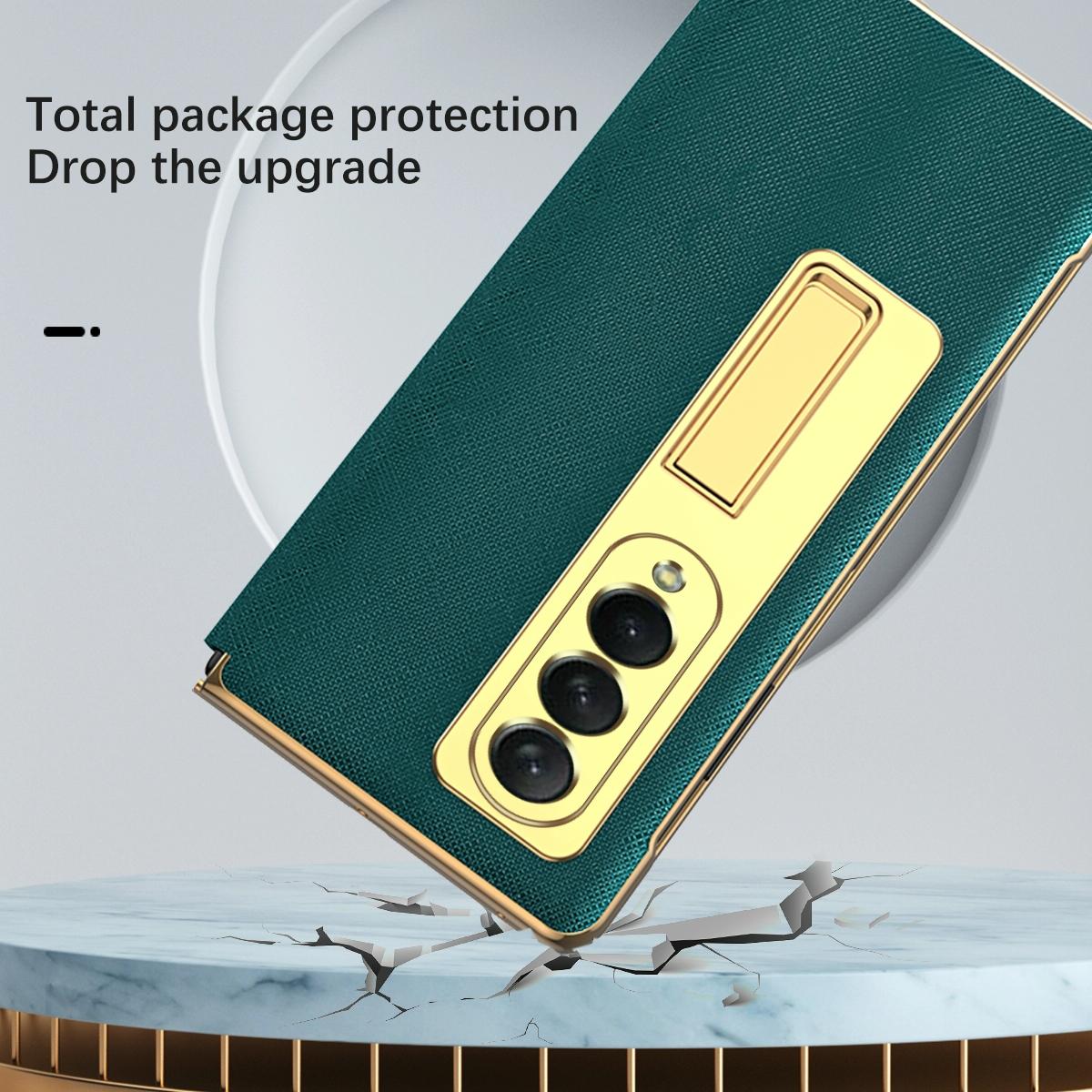Flip Case with Tempered Film for Samsung Galaxy Z Fold4 5G – Textured Hinge Design – Cyan