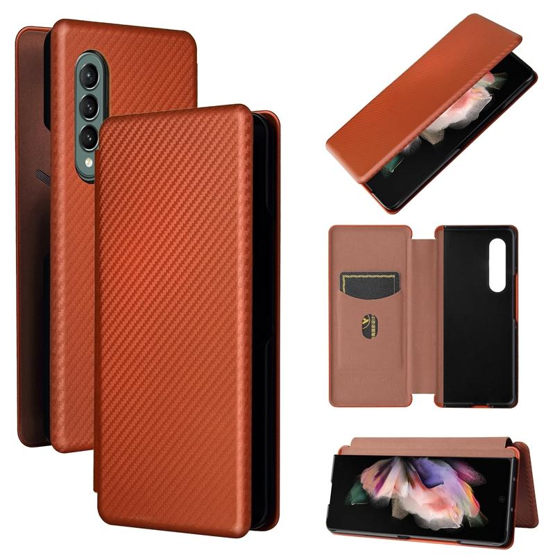 Carbon Fiber Flip Leather Case for Samsung Galaxy Z Fold4 5G – Premium Brown