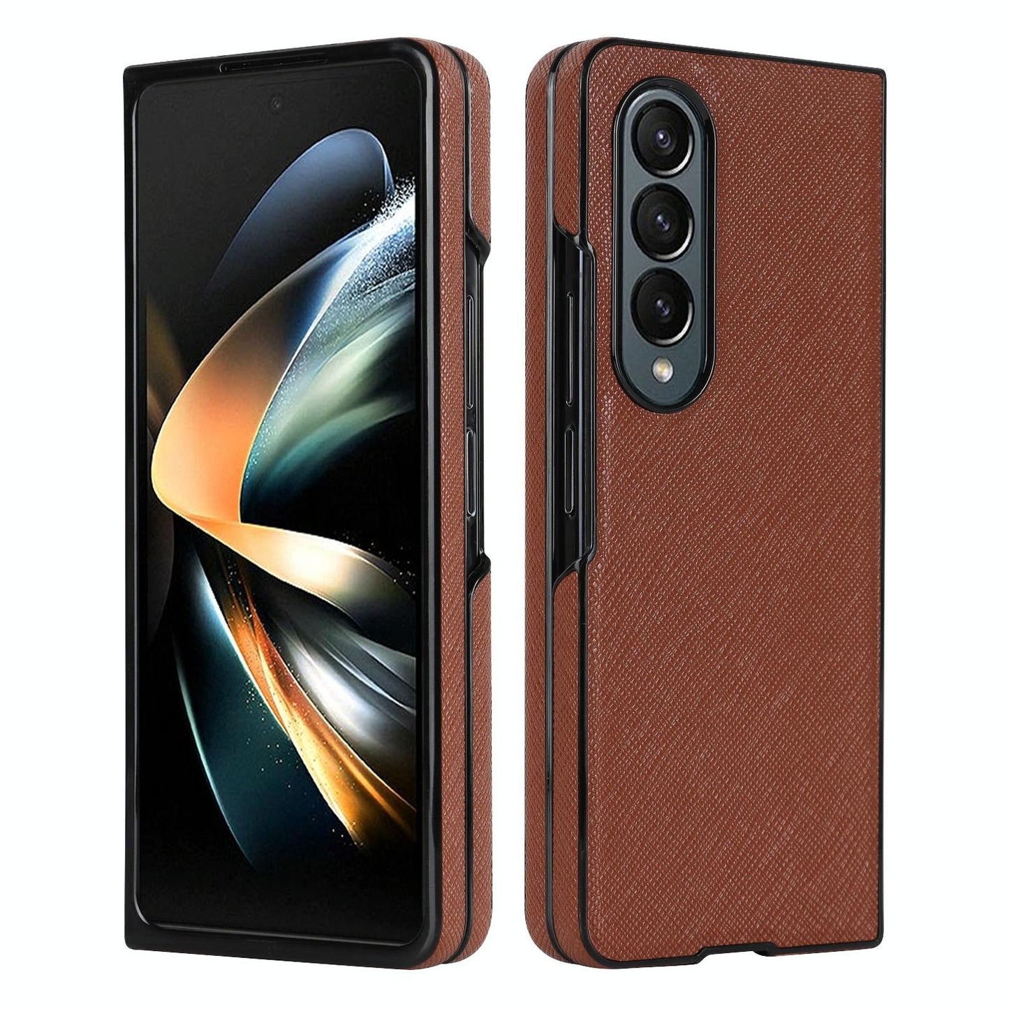 Foldable Cross Pattern Phone Case for Samsung Galaxy Z Fold4 5G – Compact PU Leather Design – Brown
