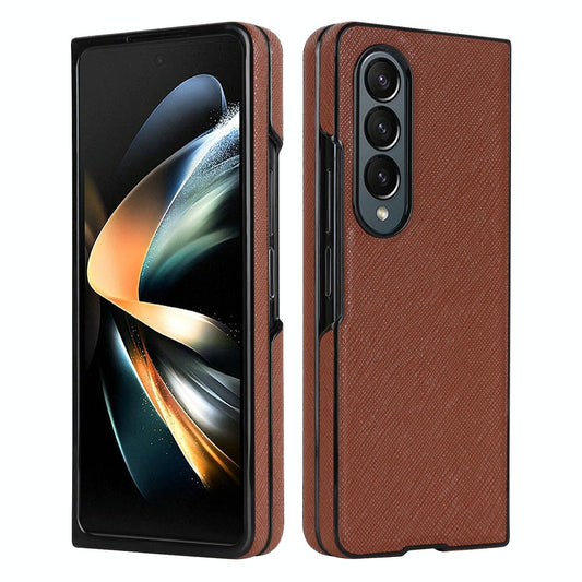 Foldable Cross Pattern Phone Case for Samsung Galaxy Z Fold4 5G – Compact PU Leather Design – Brown