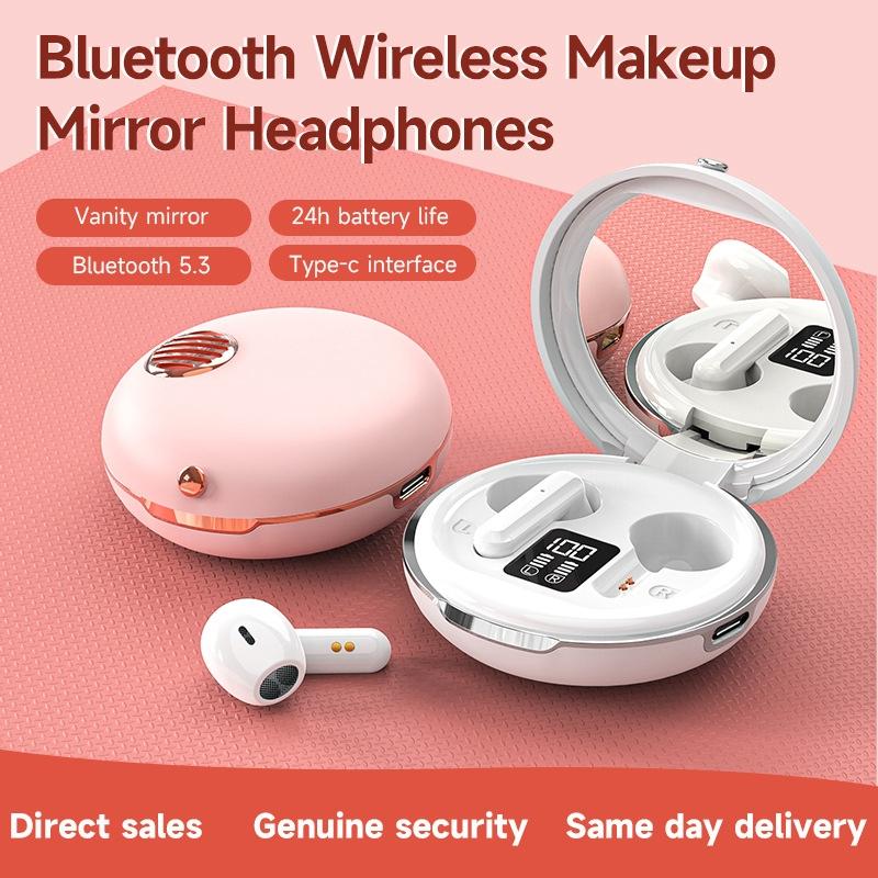Wireless HiFi Stereo Earphones with Charging Case & Built-In Makeup Mirror – Pink, True Wireless