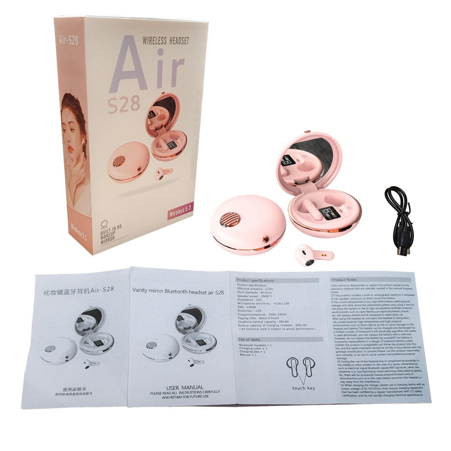 Wireless HiFi Stereo Earphones with Charging Case & Built-In Makeup Mirror – Pink, True Wireless