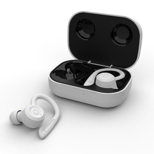 T20 Waterproof TWS Bluetooth Earphones with Charging Box & Noise-Cancelling Ear Hooks – White