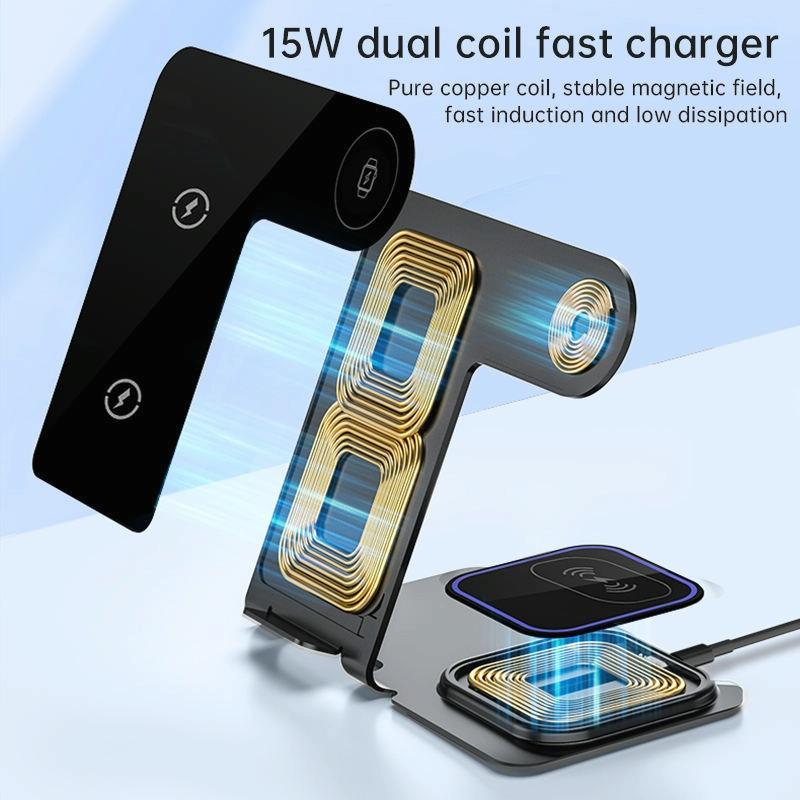15W 3-in-1 Aluminum Wireless Charger – Grey. Fast Qi Charging Dock for Phone, Watch & Earbuds