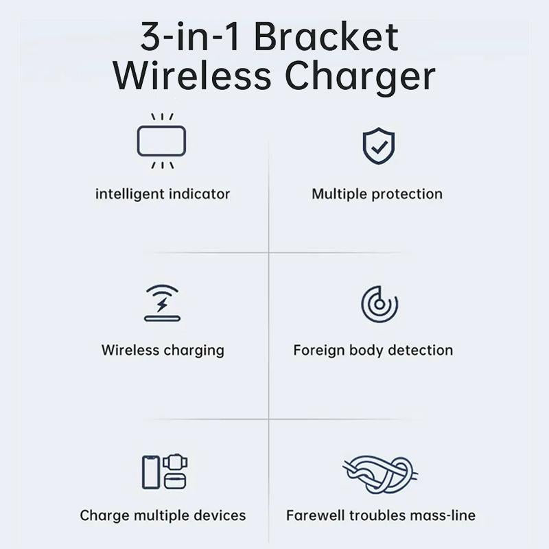 15W 3-in-1 Aluminum Wireless Charger – Grey. Fast Qi Charging Dock for Phone, Watch & Earbuds