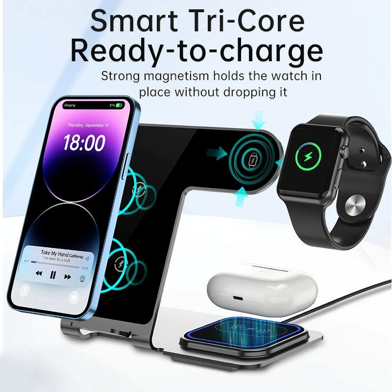 15W 3-in-1 Aluminum Wireless Charger – Grey. Fast Qi Charging Dock for Phone, Watch & Earbuds