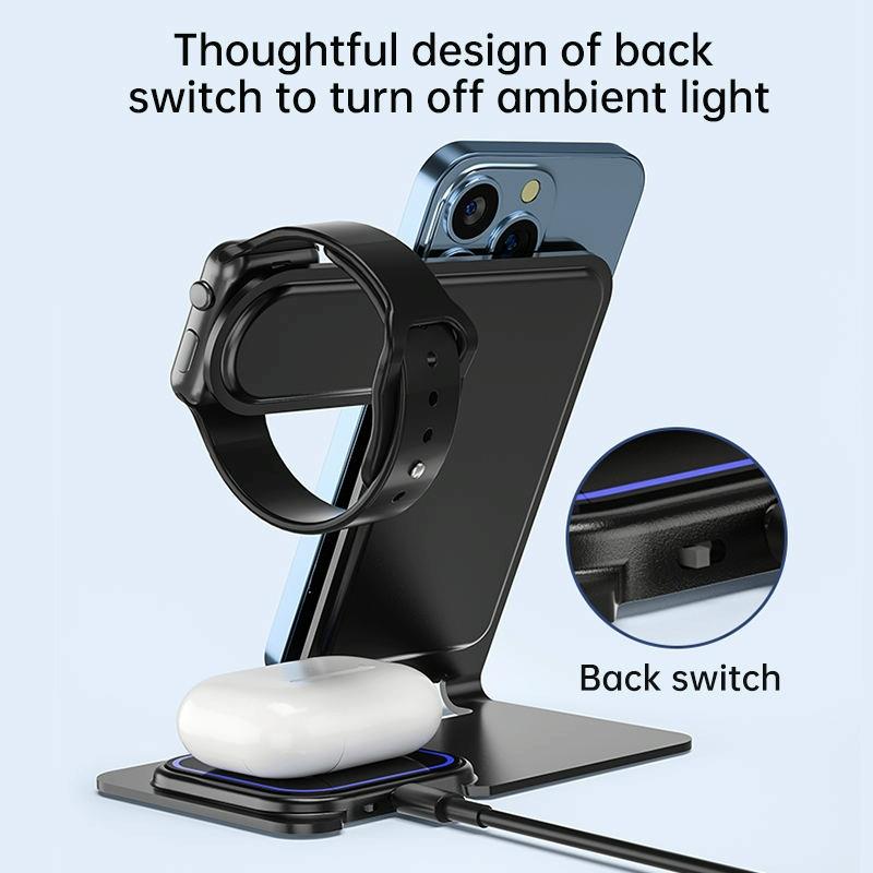 15W 3-in-1 Aluminum Wireless Charger – Grey. Fast Qi Charging Dock for Phone, Watch & Earbuds