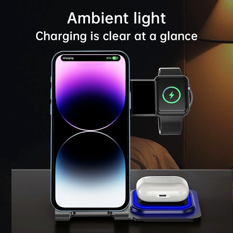 15W 3-in-1 Aluminum Wireless Charger – Grey. Fast Qi Charging Dock for Phone, Watch & Earbuds