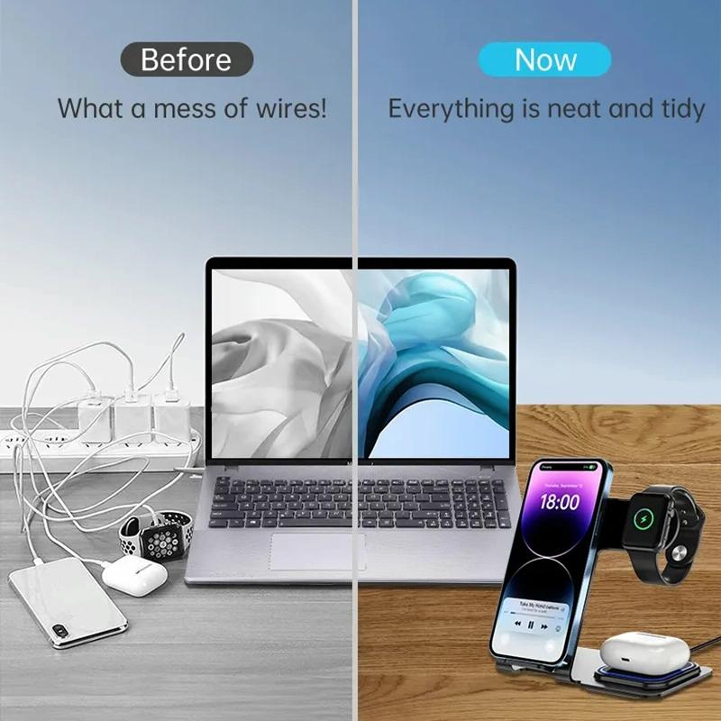 15W 3-in-1 Aluminum Wireless Charger – Grey. Fast Qi Charging Dock for Phone, Watch & Earbuds
