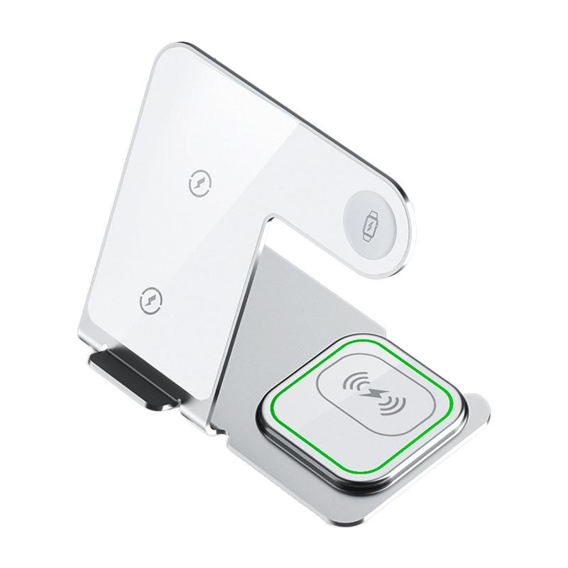 15W 3-in-1 Aluminum Wireless Charger – Grey. Fast Qi Charging Dock for Phone, Watch & Earbuds