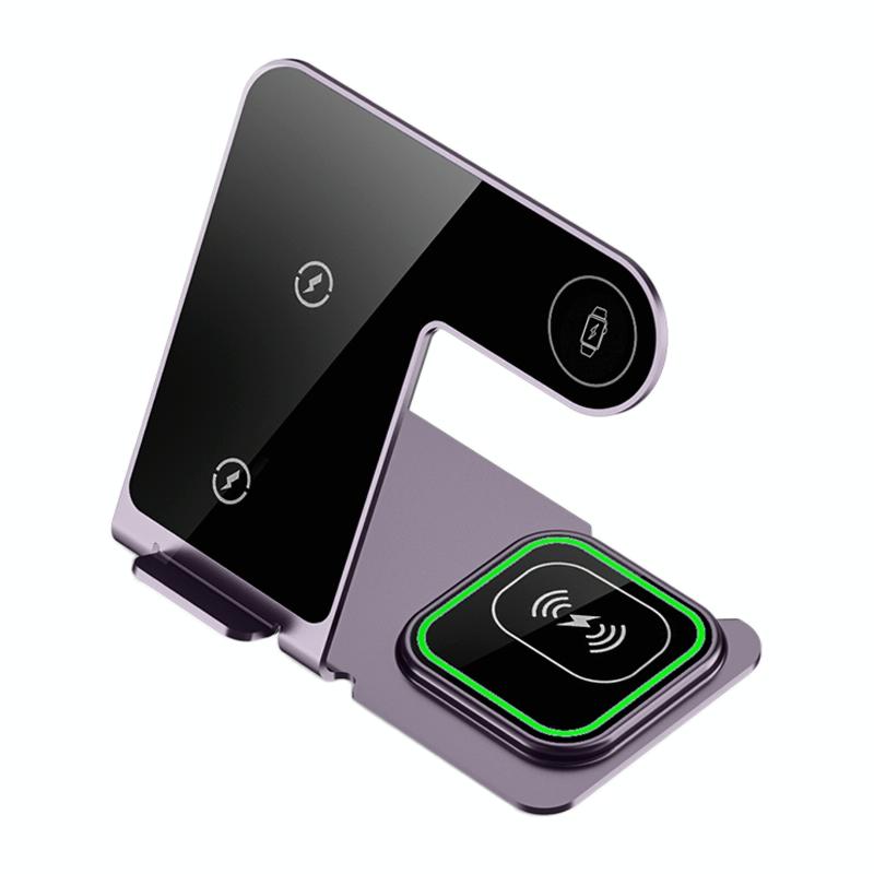 15W 3-in-1 Aluminum Wireless Charger – Grey. Fast Qi Charging Dock for Phone, Watch & Earbuds