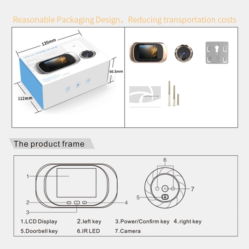 2.8″ LCD Screen Cat Eye Video Doorbell – Gold | Night Vision & Indoor Monitoring