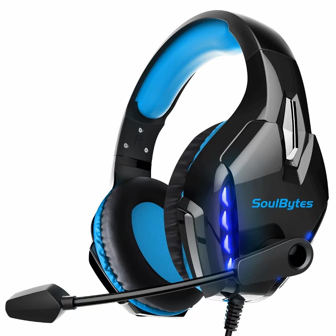 Adjustable LED Gaming Headset with Microphone – Blue, Noise Cancelling, RGB Lights, PC/PS5/Xbox Compatible