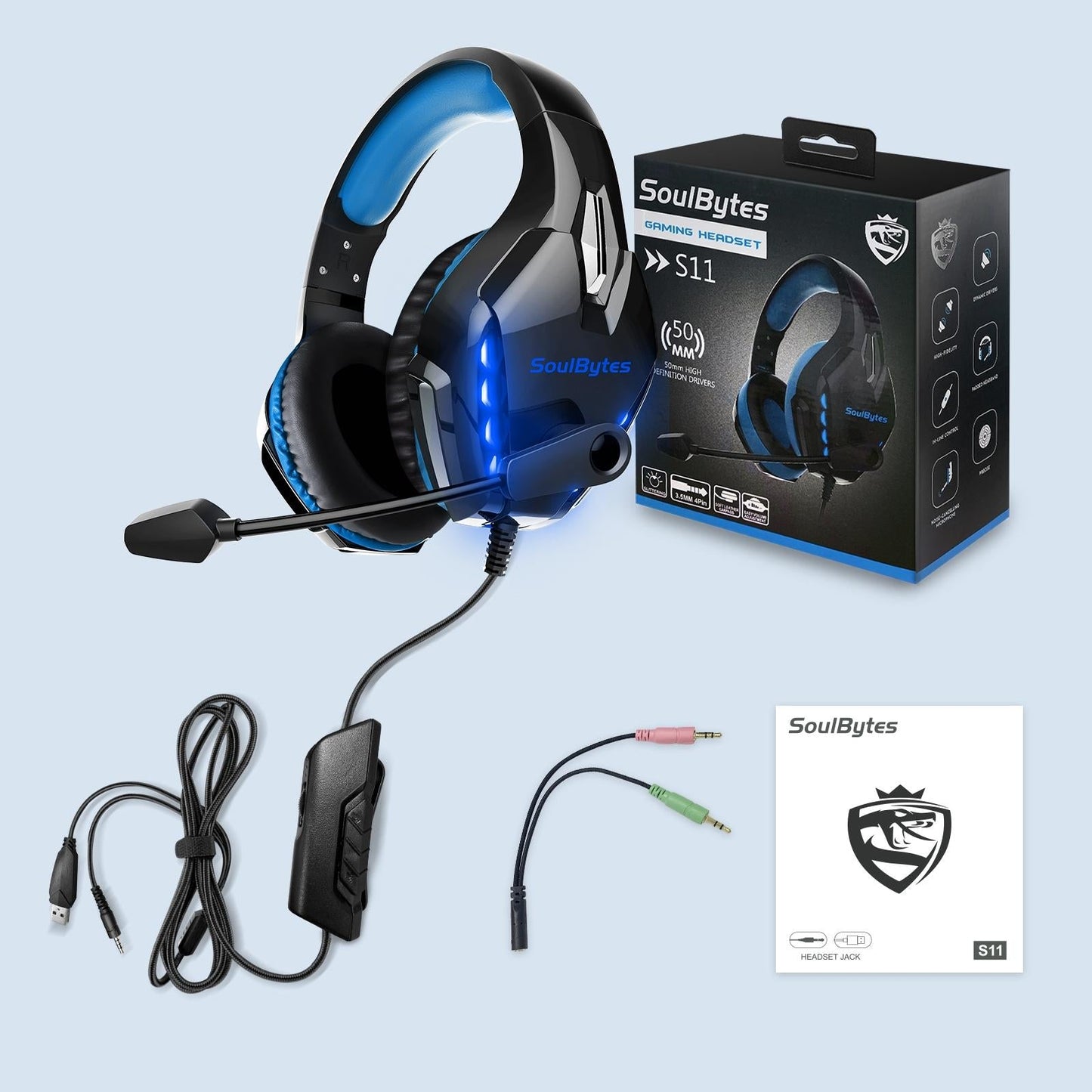 Adjustable LED Gaming Headset with Microphone – Blue, Noise Cancelling, RGB Lights, PC/PS5/Xbox Compatible
