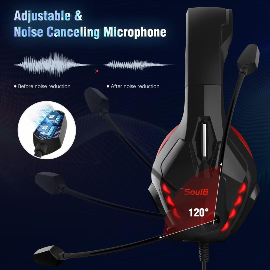 Adjustable LED Gaming Headset with Microphone – Blue, Noise Cancelling, RGB Lights, PC/PS5/Xbox Compatible