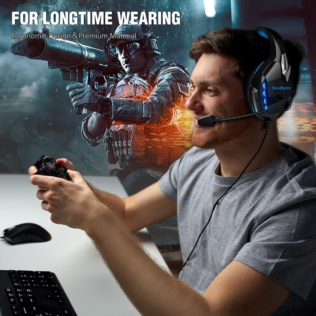Adjustable LED Gaming Headset with Microphone – Blue, Noise Cancelling, RGB Lights, PC/PS5/Xbox Compatible