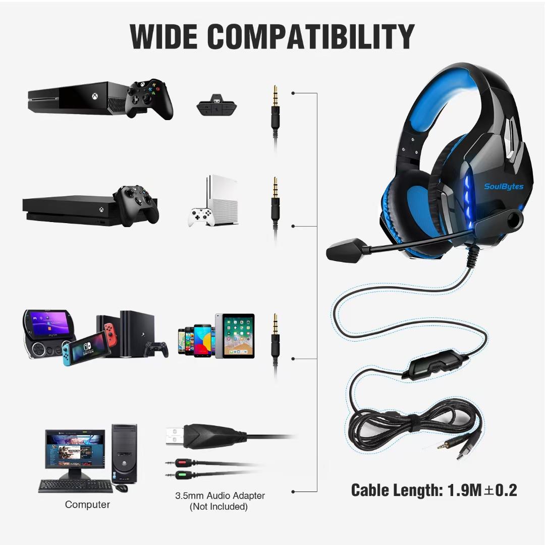 Adjustable LED Gaming Headset with Microphone – Blue, Noise Cancelling, RGB Lights, PC/PS5/Xbox Compatible