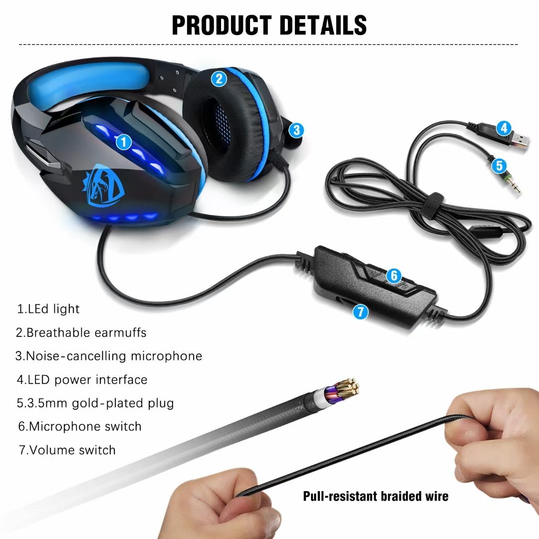 Adjustable LED Gaming Headset with Microphone – Blue, Noise Cancelling, RGB Lights, PC/PS5/Xbox Compatible