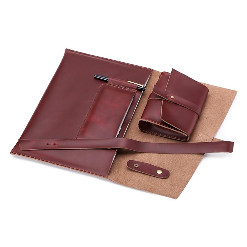 Universal Leather Laptop Bag with Cable Winder – Fits 11.6'' Devices – Wine Red Sleeve Case