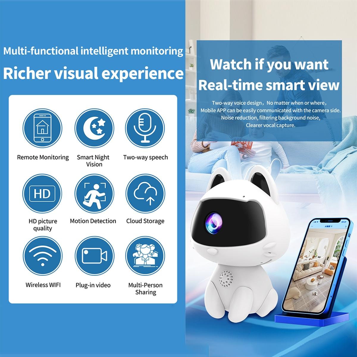 Smart Home Pet Camera – Night Vision, Motion Detection, Two-Way Voice – Cute White Design for Pets