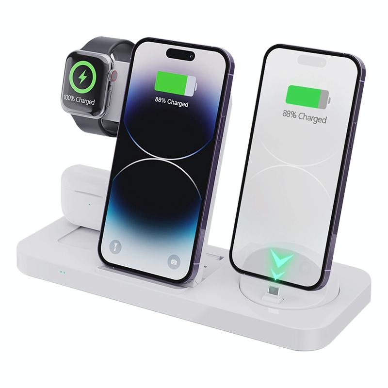 6-in-1 Foldable Vertical Wireless Charging Station – Fast Charger for Phone, Watch, Earbuds & More – White