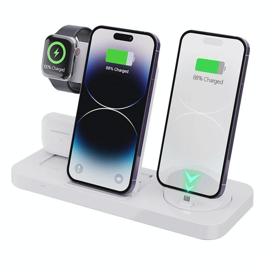6-in-1 Foldable Vertical Wireless Charging Station – Fast Charger for Phone, Watch, Earbuds & More – White