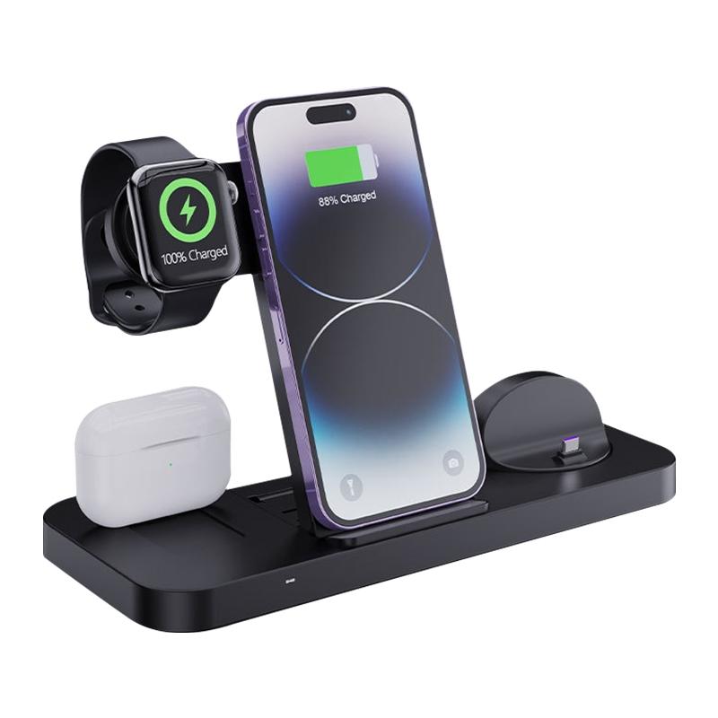 6-in-1 Foldable Vertical Wireless Charging Station – Fast Charger for Phone, Watch, Earbuds & More – White