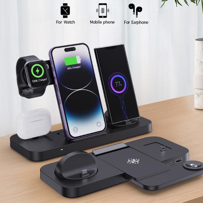 6-in-1 Foldable Vertical Wireless Charging Station – Fast Charger for Phone, Watch, Earbuds & More – White