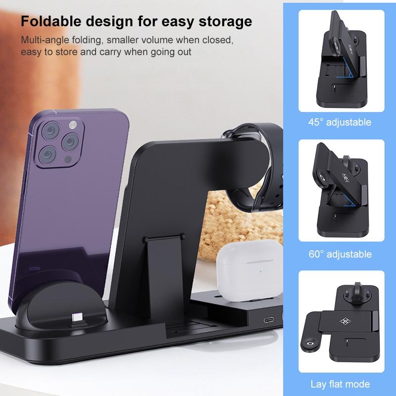 6-in-1 Foldable Vertical Wireless Charging Station – Fast Charger for Phone, Watch, Earbuds & More – White