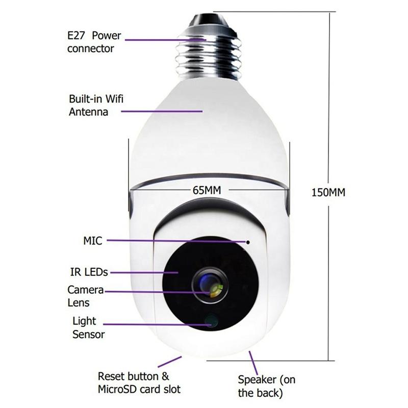 2.4G WiFi Bulb Security Camera – 1080P 2MP, Two-Way Audio, Motion Detection, Night Vision – White