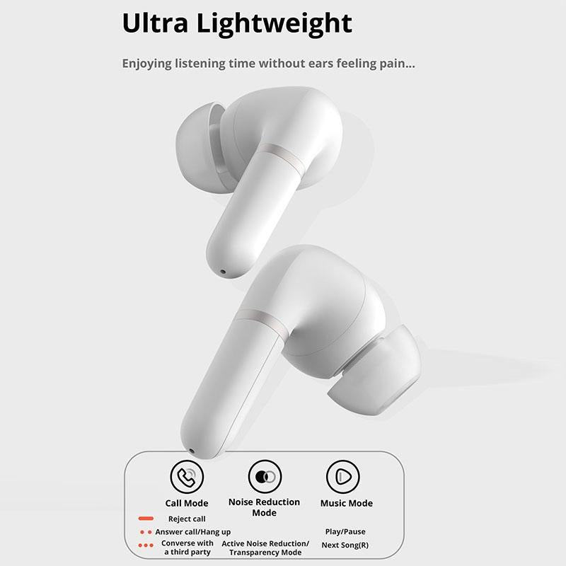 Wireless Bluetooth 5.2 Earphones – White. ANC & ENC Noise Reduction, Clear Call & Music Quality