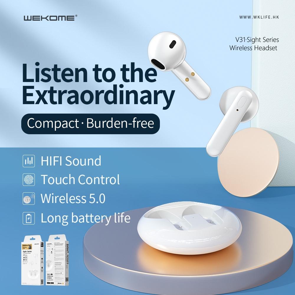 V31 Sight Series Wireless Stereo Bluetooth Earphones – In-Ear TWS Earbuds with Charging Case – White
