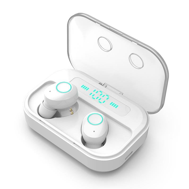 M7 TWS V5.0 Wireless Bluetooth Headset – Stereo Sound, Charging Case with LED Digital Display – White