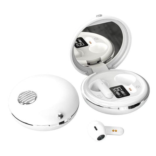 Wireless HiFi Stereo Earphones with Charging Case and Built-in Make-up Mirror – White