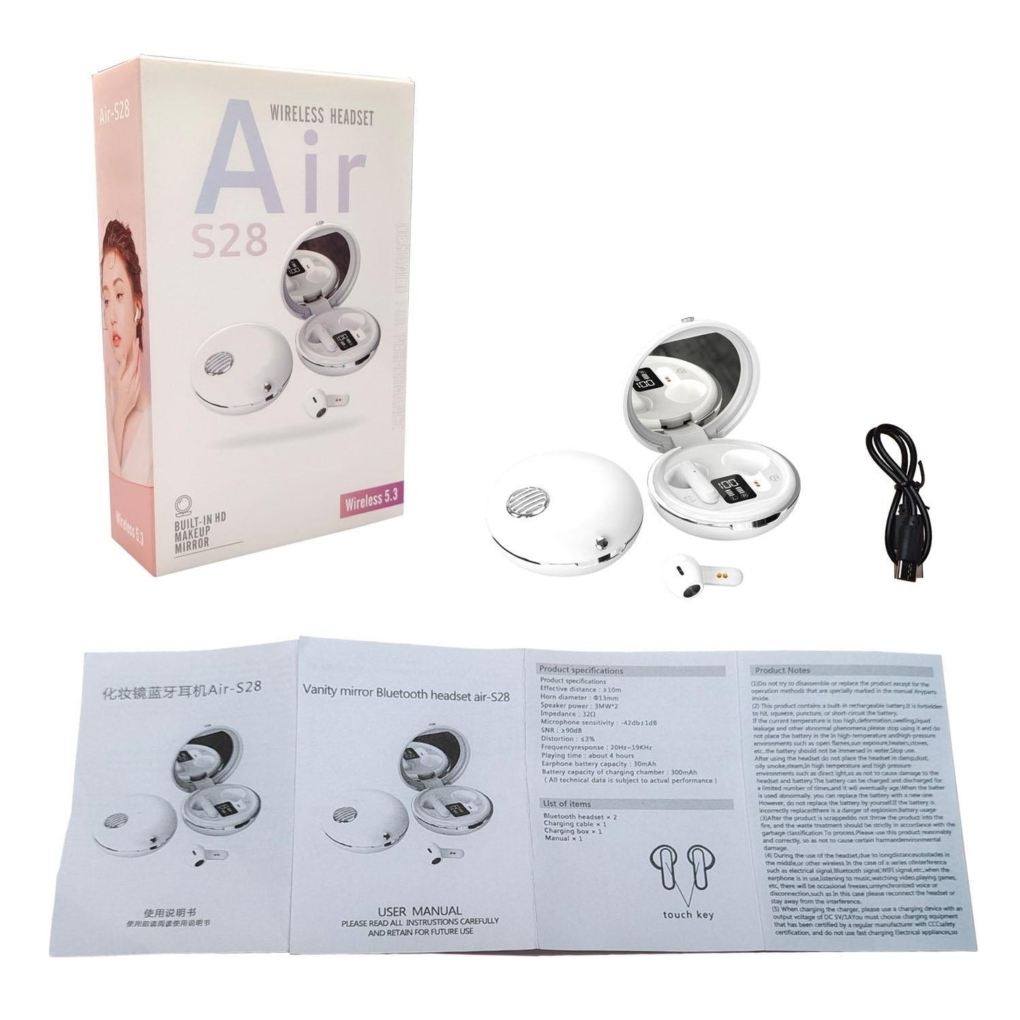 Wireless HiFi Stereo Earphones with Charging Case and Built-in Make-up Mirror – White
