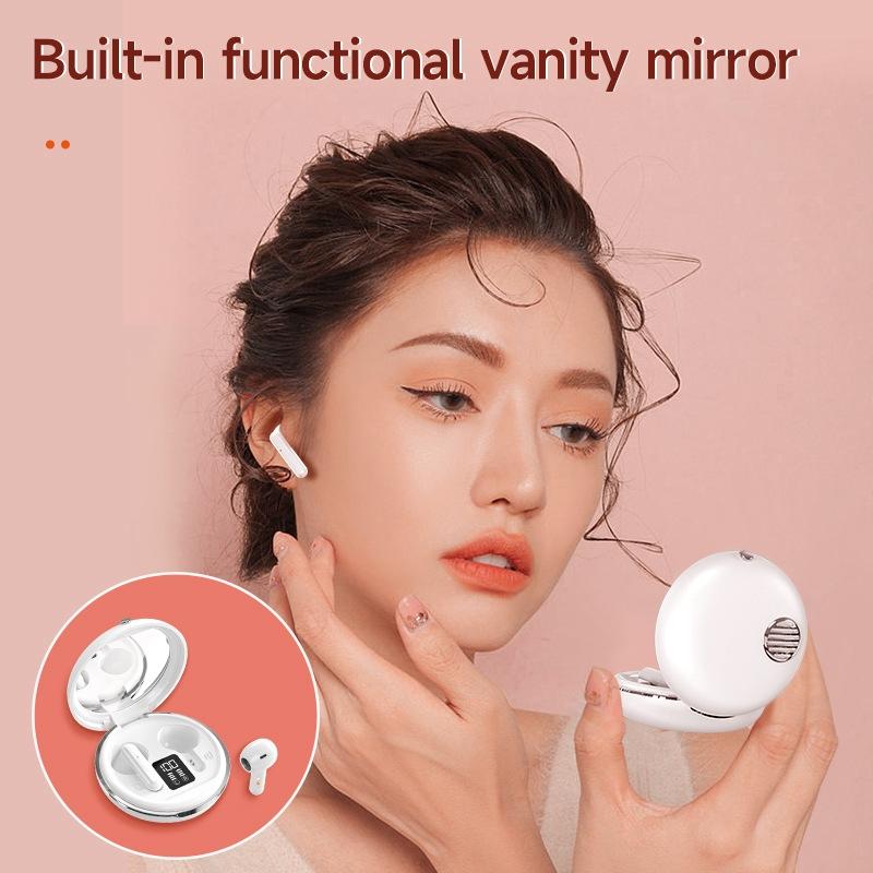 Wireless HiFi Stereo Earphones with Charging Case and Built-in Make-up Mirror – White
