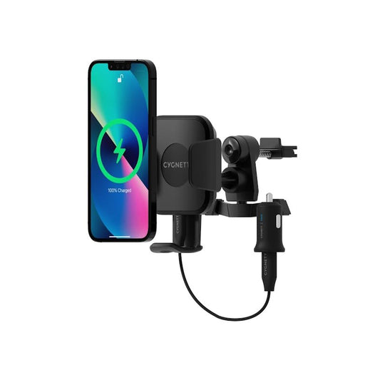 Cygnett Wireless 10W Qi Car Charger Mount – Vent Clip, Fast Charging with Cable Included