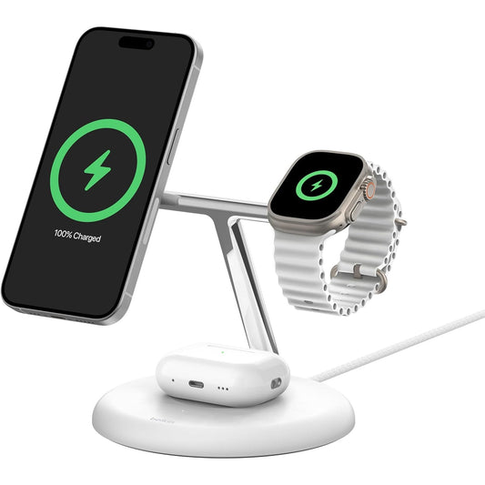Belkin BoostCharge PRO 3-in-1 Qi2 Wireless Charger Stand – 15W MagSafe Compatible, 2024 Model, White