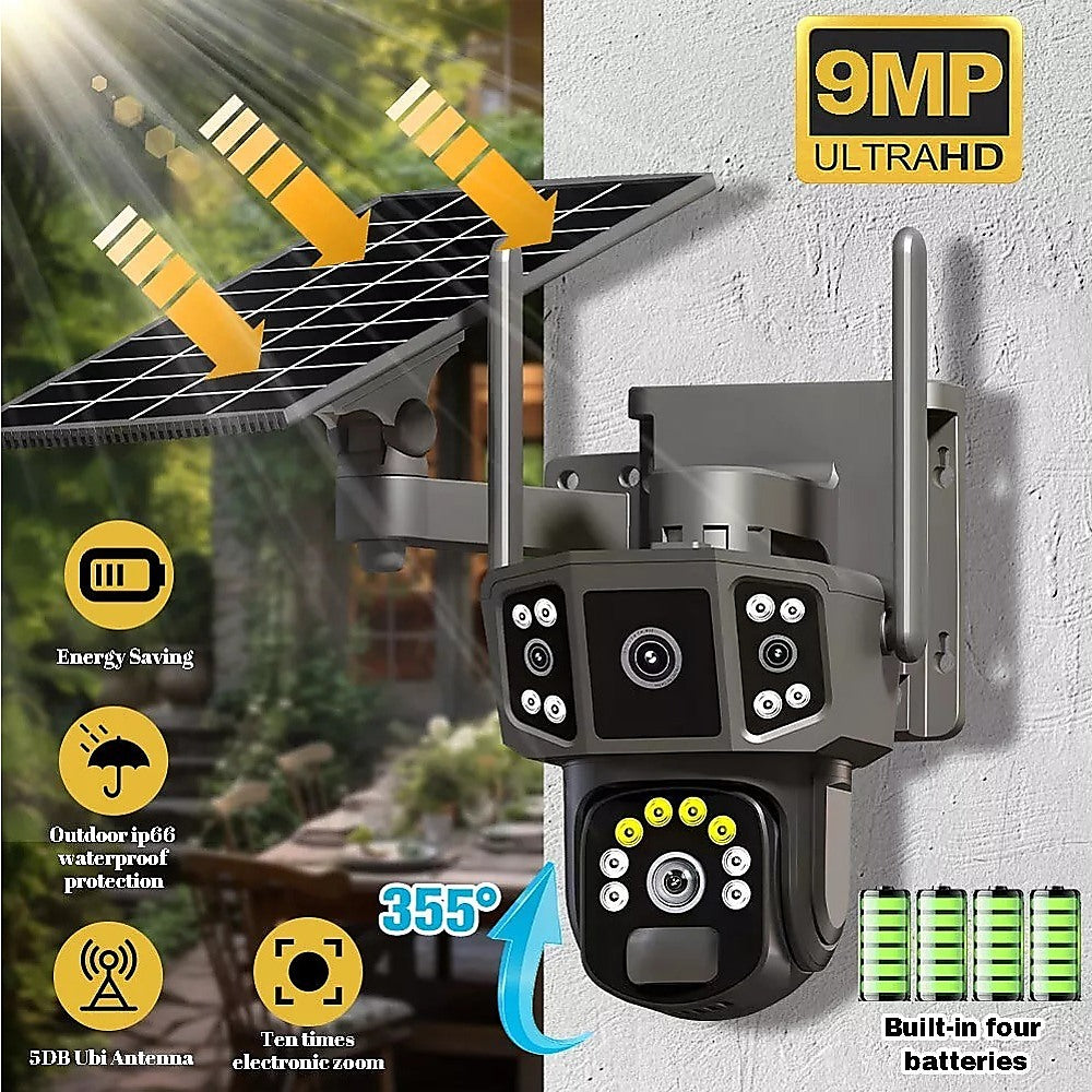 9MP Wireless Solar Security Camera – Outdoor PTZ CCTV with WiFi, Battery Powered, V380 App – Home Surveillance System