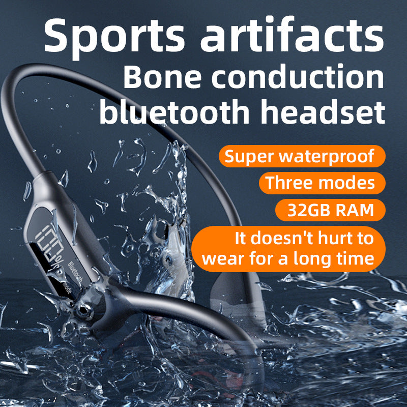 Black Waterproof Bone Conduction Bluetooth Headset with 32GB Built-In Memory – Lightweight & Durable for Sports