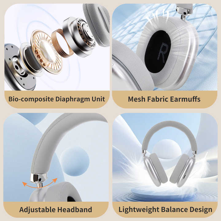 Silver Wireless Over-Ear Headphones – Bluetooth 5.3 with Knob Control. Hi-Fi Sound & Comfortable Fit