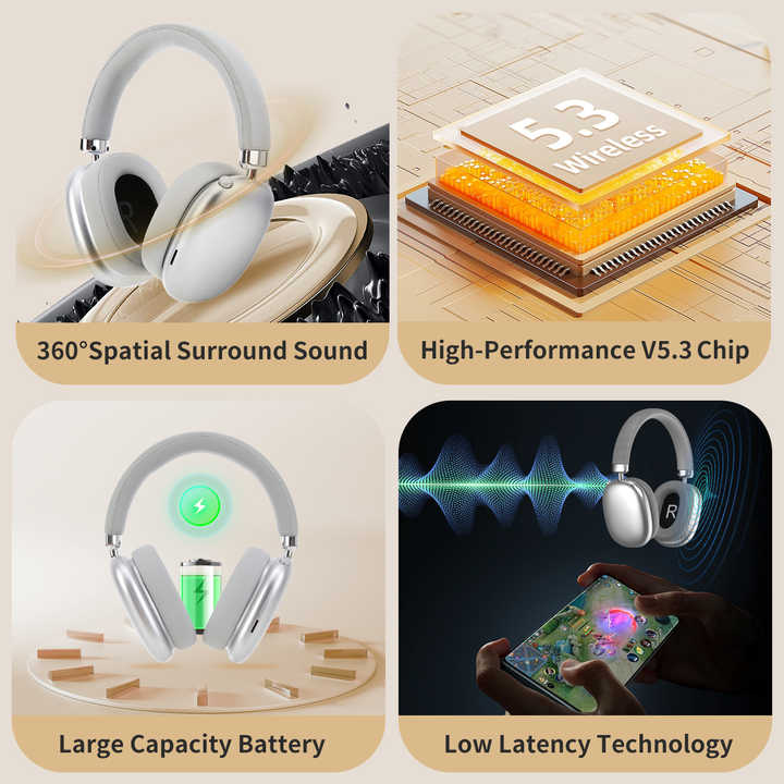 Silver Wireless Over-Ear Headphones – Bluetooth 5.3 with Knob Control. Hi-Fi Sound & Comfortable Fit