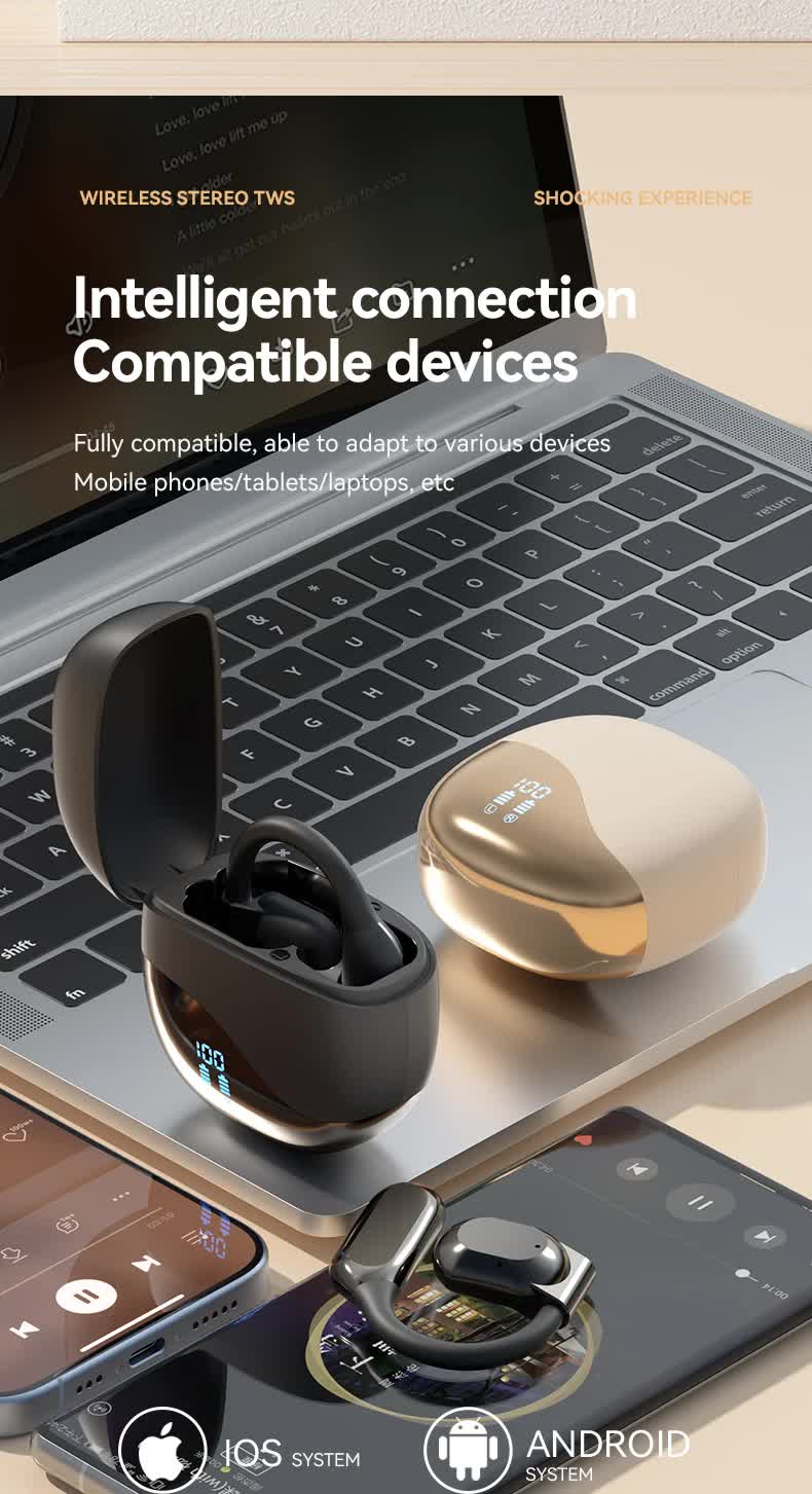 Black Open-Ear Bluetooth 5.3 Headphones – Non-In-Ear, Ear Hook Design, Wireless Sports Headphones